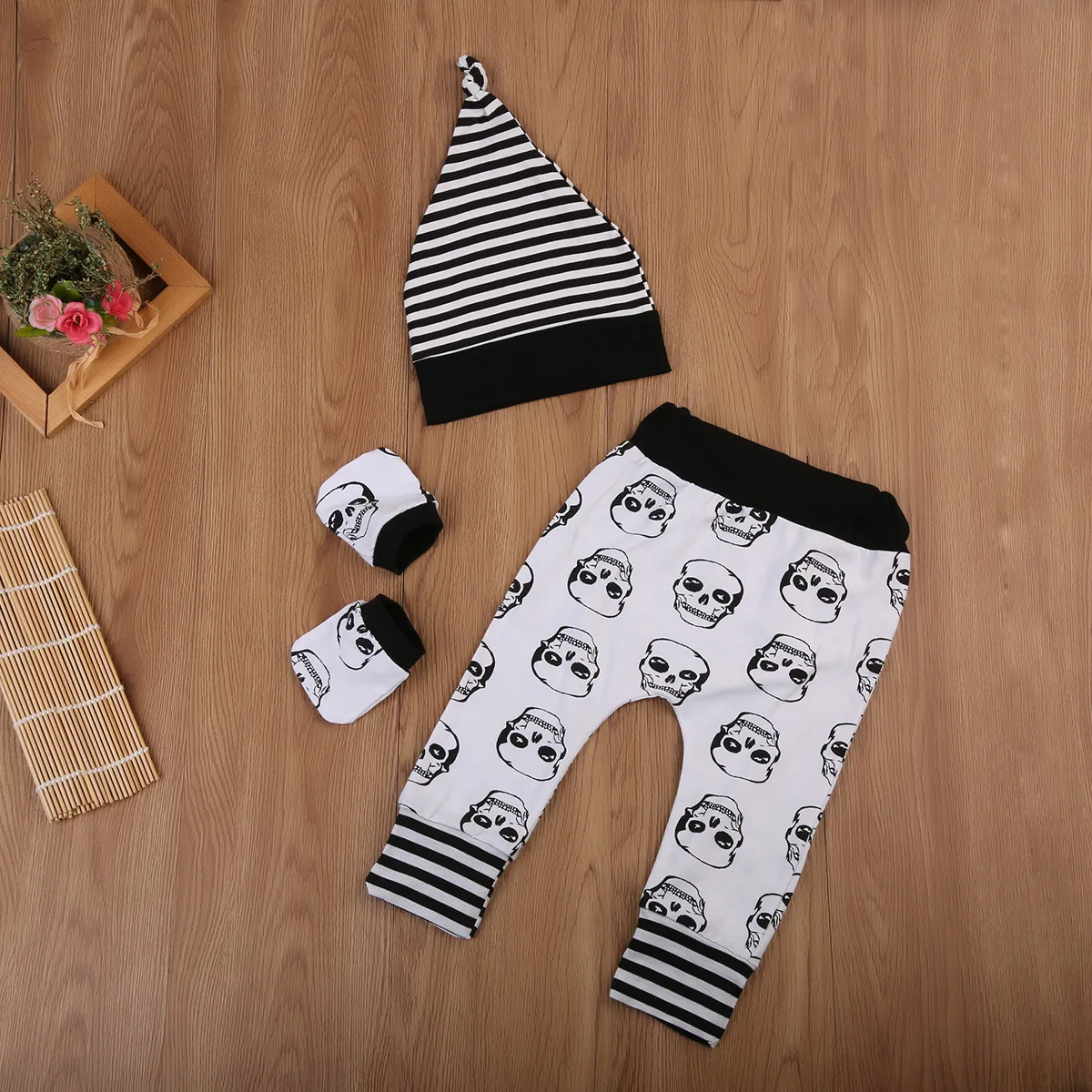 Newborn Kids Baby Boys Skull Tops Romper Long Pants Hat 4Pcs Outfits Set Clothes Cotton Infant Toddler Boy Girls Clothing | Детская