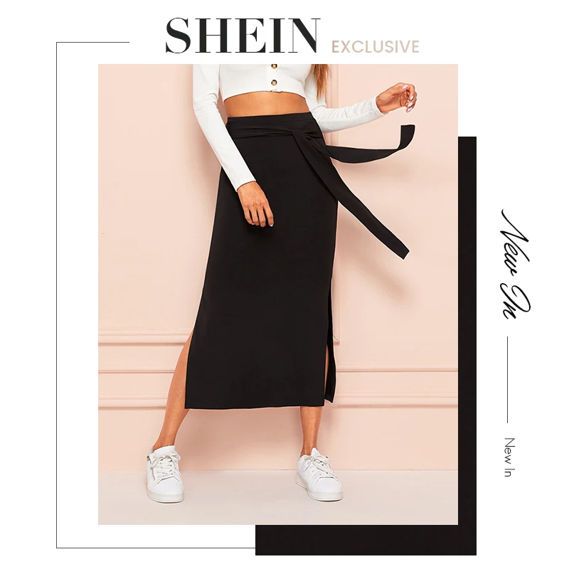 SHEIN Tie Waist Split Side Solid Skirt Black Full Length Knot Spring Autumn Shift High Waist Straight Sexy Skirt