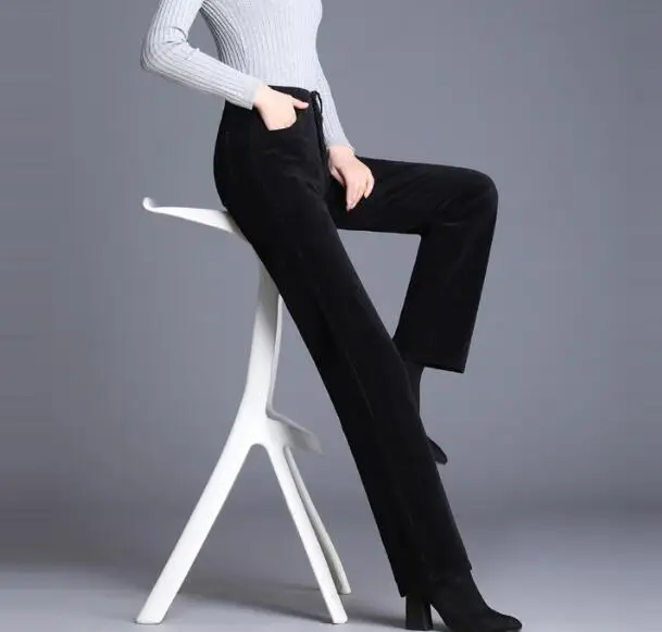 Брюки прямые женские вельветовые повседневные с высокой талией модные на