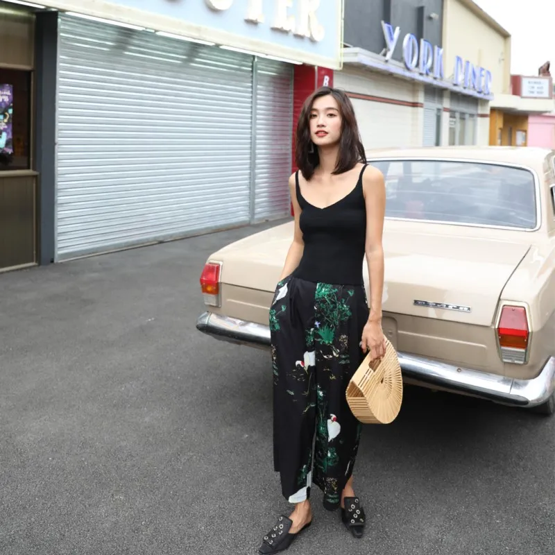 Cheerart Japanese Pants Women Vintage Songhak Print Wide Leg Pants Ankle Length Trousers Summer Loose Harajuku Flare Pants