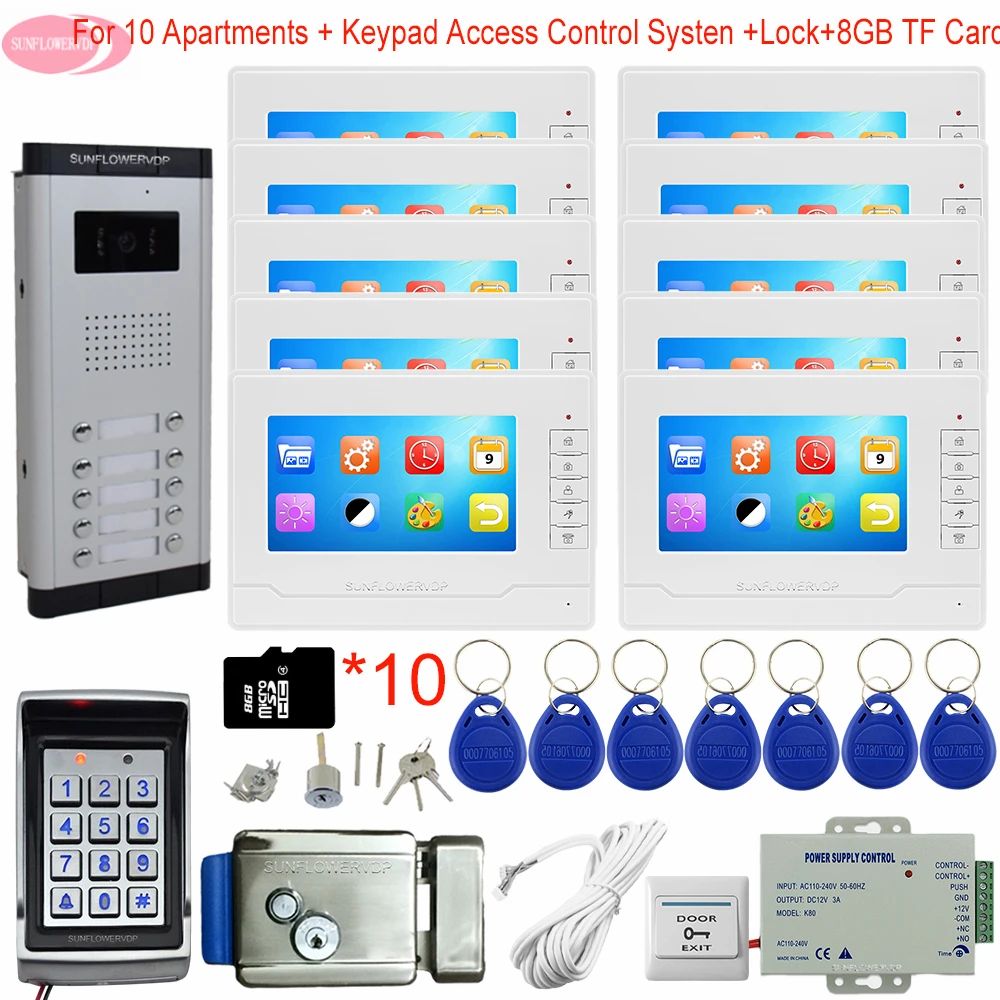 

7" Video Intercom With Recording + 8GB TF Card Keypad Access Key For The Entrance Door Intercom 10 Apartments + Electronic Lock