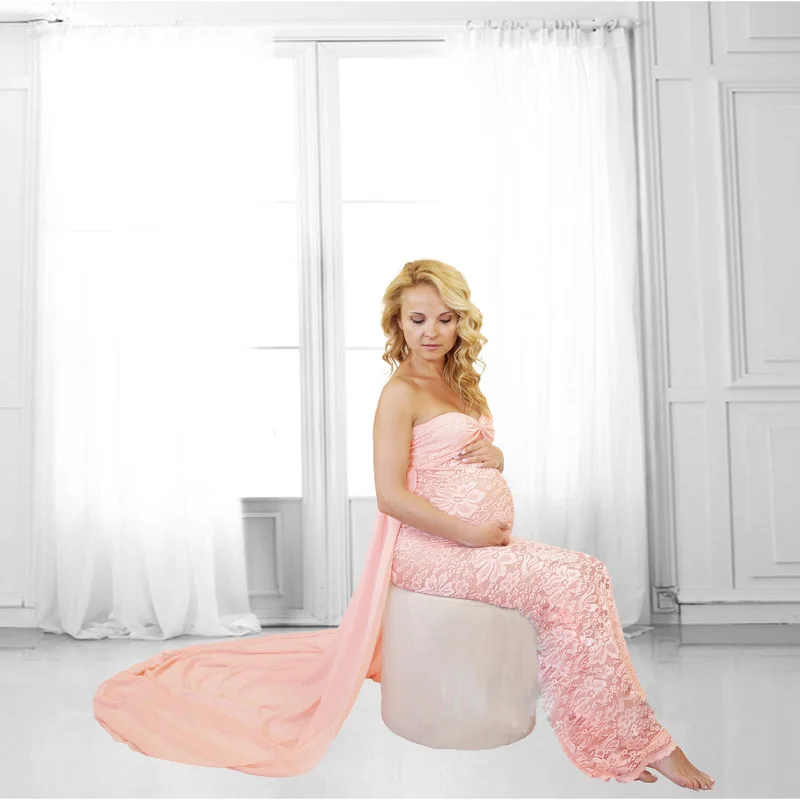 Pink Пикантная Одежда для беременных; платья для фотосессии; кружевная шифоновая женская одежда; платье для беременных; платье без Плеч для беременных - Цвет: Pink