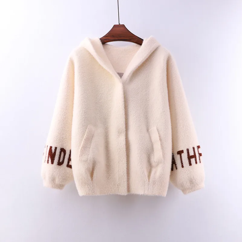 Autumn Winter Mink Cashmere Cardigan Coat Hooded Sweater women Fashion Embroidery High quality Warm Sweaters Coat Female
