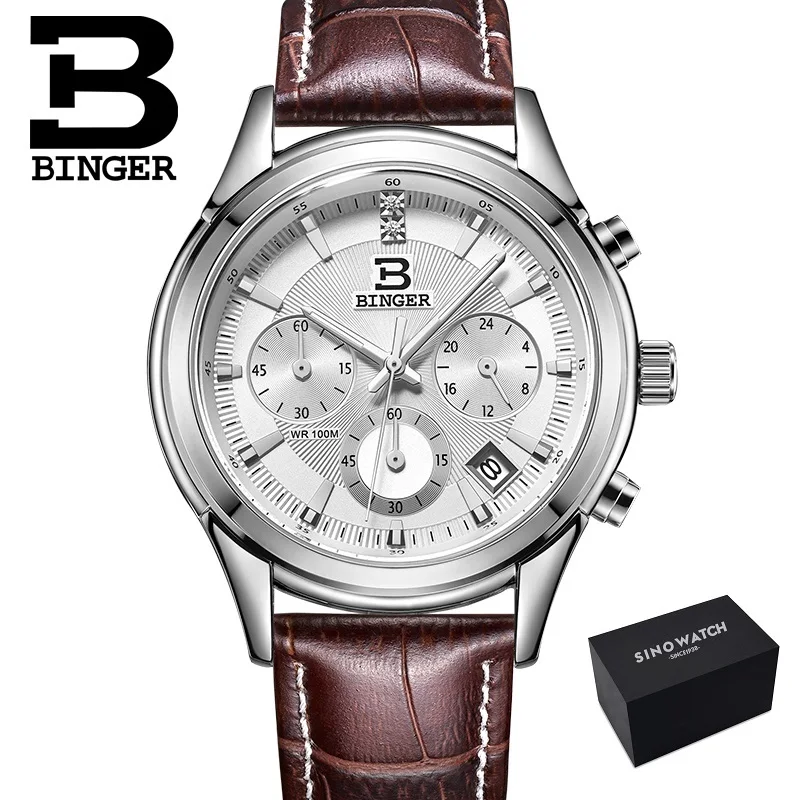 GL-brown silver Binger женские часы швейцарские Роскошные Кварцевые водонепроницаемые женские часы с ремешком из натуральной кожи наручные часы с хронографом BG6019 - Цвет: GL-brown silver