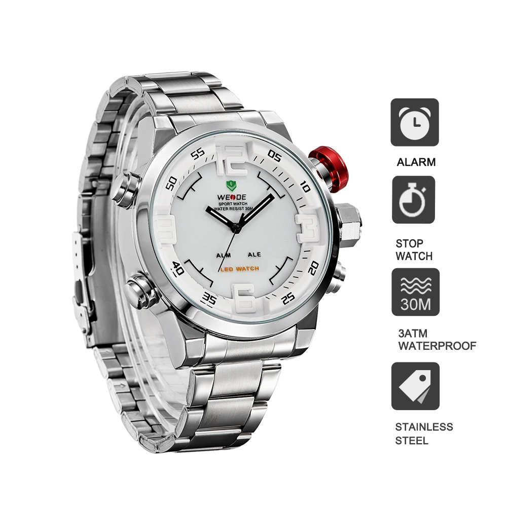 Фото WEIDE мужские спортивные часы из нержавеющей стали белые кварцевые аналоговые WEIDE мужские спортивные часы из нержавеющей стали белые кварцевые аналоговые