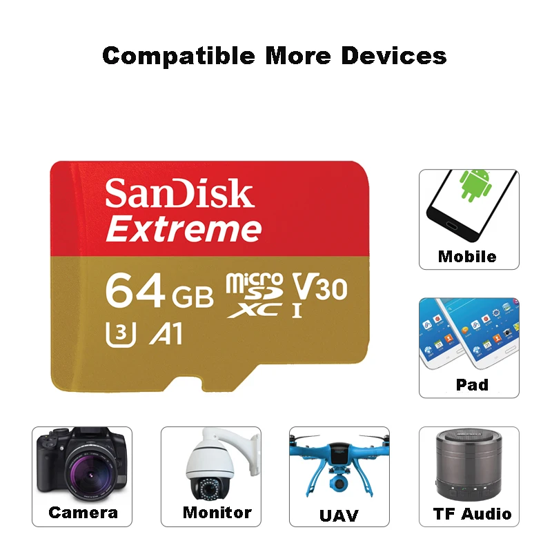 Оригинальная карта памяти SanDisk Micro SD 64 Гб Microsdxc U3 A1 C10 100 МБ/с./с 4k TF Trans Flash Cartao de Memoria