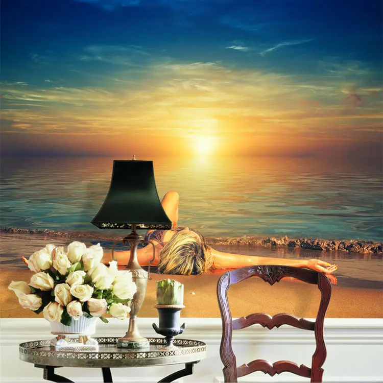 Настенные 3D обои с изображением заката пляжа для привлекательной леди