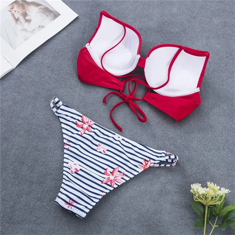 Женский сексуальный купальник в полоску с разрезом красный купальный костюм