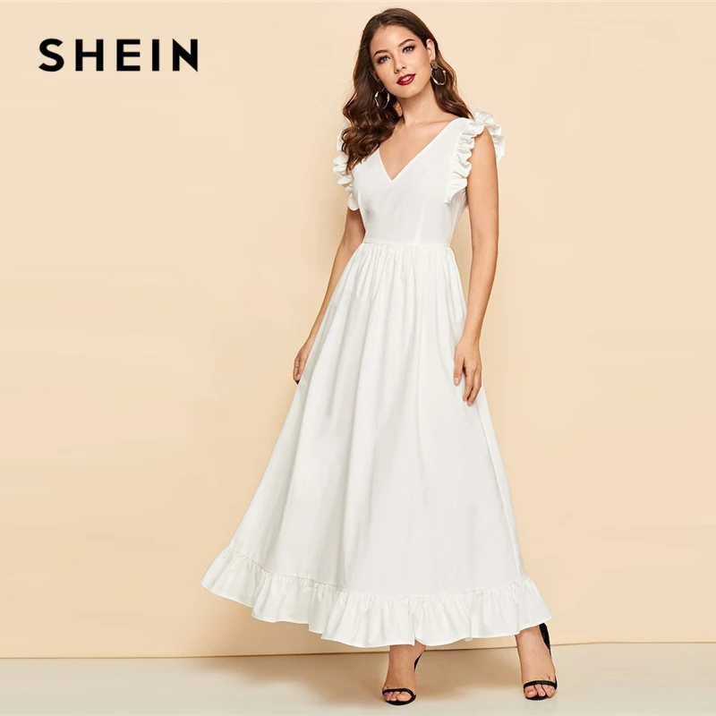 SHEIN Летнее Платье С V-Образным Вырезом И Оборками, Легкое Хлопковое Платье, Длинное Летнее Платье С Рукавами-Рюшами