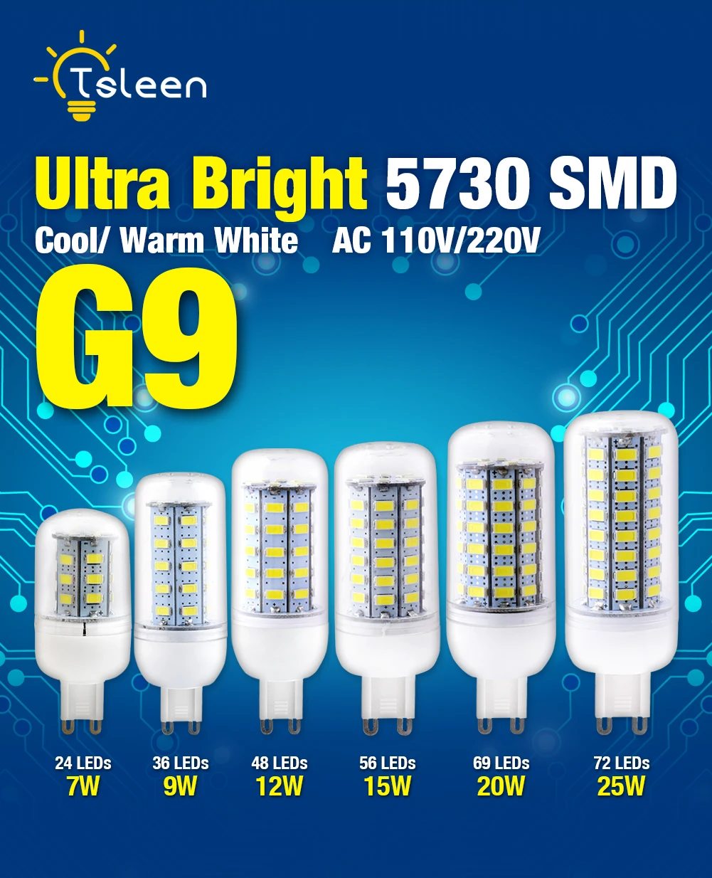 

TSLEEN 5730 SMD Corn G9 LED Lamp Corn Buld 220V 24/36/48/56/69/72 LEDs 7/9/12/145/20/25W Cool/Warm White For Home Decoration