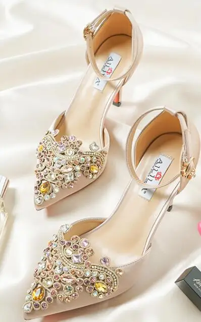 8.5cm heel D Свадебные босоножки для невесты; женская обувь на высоком каблуке; цвет шампанского; обувь для подружки невесты с кристаллами и стразами; атласная обувь с ремешком на щиколотке; обувь для подружки невесты - Цвет: 8.5cm heel D