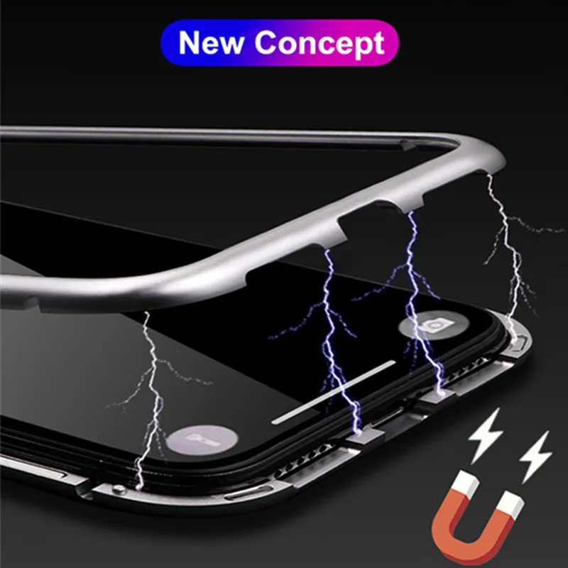 Magnetic Case for iPhone XR XS MAX X 8 Plus 7 + Metal Tempered Glass Back Magnet Cases Cover 6 6S |