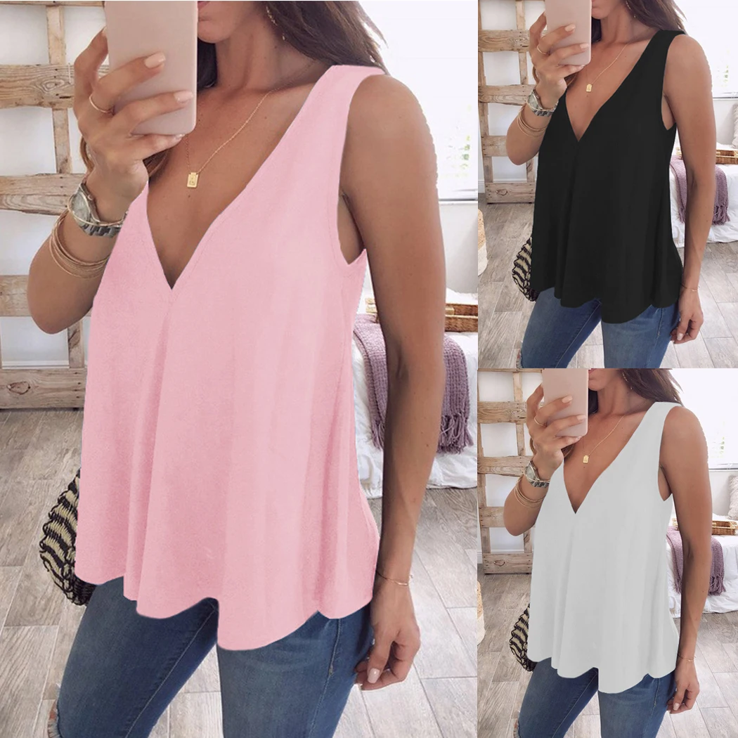Новые летние женские топы и блузки сексуальные свободные без рукавов с v образным
