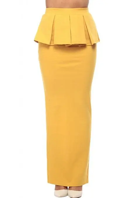 Женская Однотонная юбка карандаш с оборками и баской горчичного цвета|split pencil