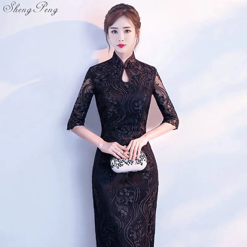 Пикантное жаккардовое платье-Ципао китайское традиционное черное платье