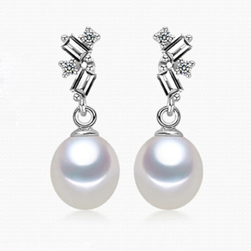 

YIKALAISI 925 sterling Silver Jewelry Natural Pearl Jewelry stud Earring 8-9 mm long earrings Bridal Wedding