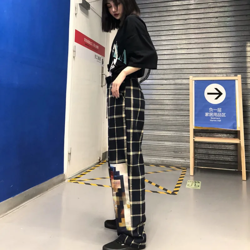 Woherb Harajuku, женские и мужские винтажные клетчатые брюки с принтом, брюки с эластичной талией, хип-хоп стиль, уличная одежда,, свободные прямые брюки