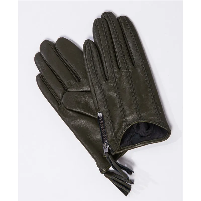 army green touch Женские перчатки из натуральной кожи с кисточками на молнии, Короткие стильные осенне-зимние тонкие бархатные женские перчатки из овчины, TB80-1 для вождения - Цвет: army green touch