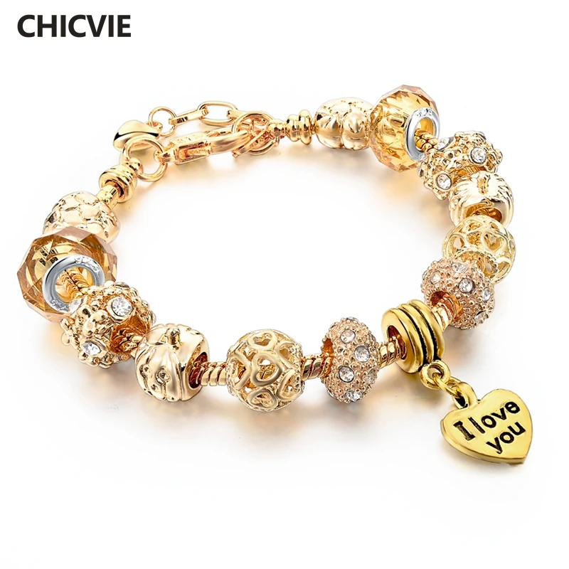 

CHICVIE Custom Gold Color Heart "I LOVE YOUR"Charm Crystal Bracelets Bangle For Women Gold Jewelry Adjustable Bracelet SBR150328