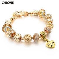 chicvie custom gold color heart i love yourcharm crystal bracelets bangle for women gold jewelry adjustable bracelet sbr150328