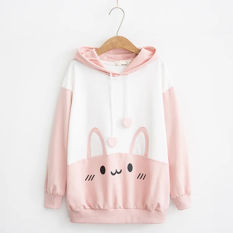 Pink Весенне-осенняя Женская толстовка в японском стиле с милым кроликом Kawaii с заячьими ушками, модные свитера, милые розовые и синие пуловеры - Цвет: Pink