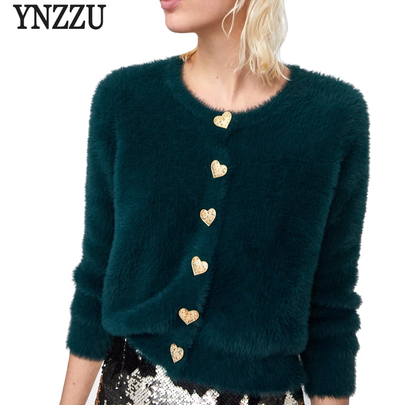 YNZZU, вязаный женский кардиган,, зима, шикарное, сердце, пуговицы, мех, теплое пальто, для женщин, длинный рукав, женский свитер, кардиган, YO670