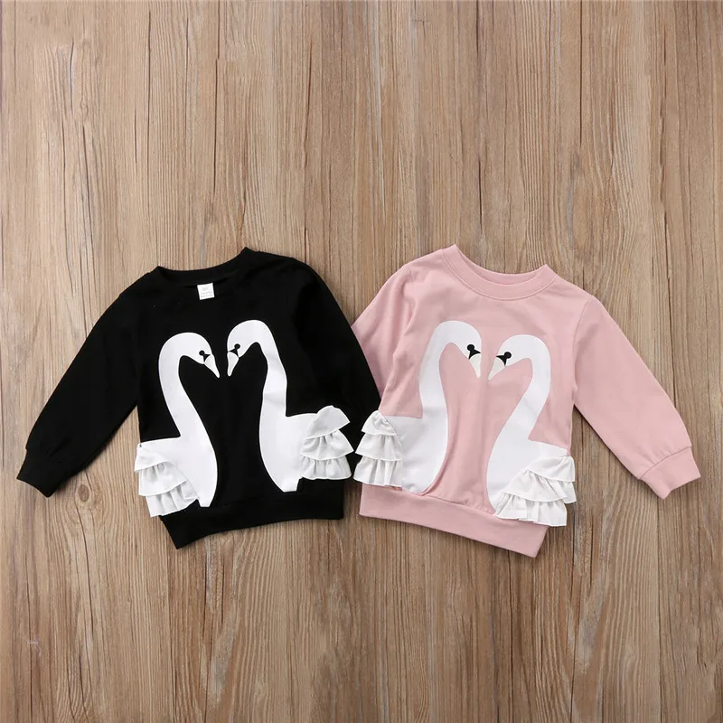 2018 Child Kids Baby Girls Clothing Cartoon Double Swan Bird Long Sleeve Lace T-shirt Top Blouse Autumn Spring Clothes 0-5T | Детская