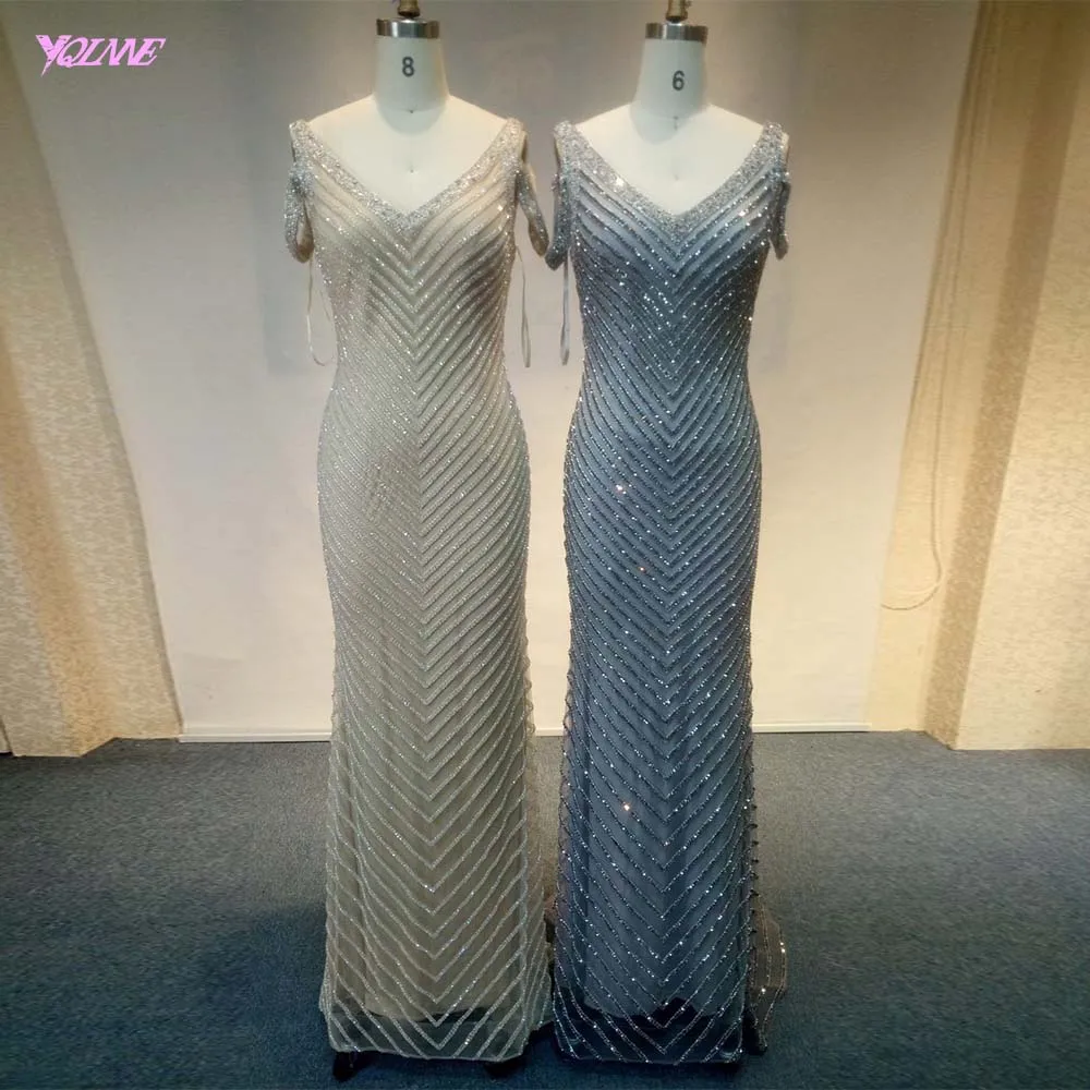Robe De Soiree Шампанское Стразы вечернее платье длинное Русалка вечернее платье с v-образным вырезом