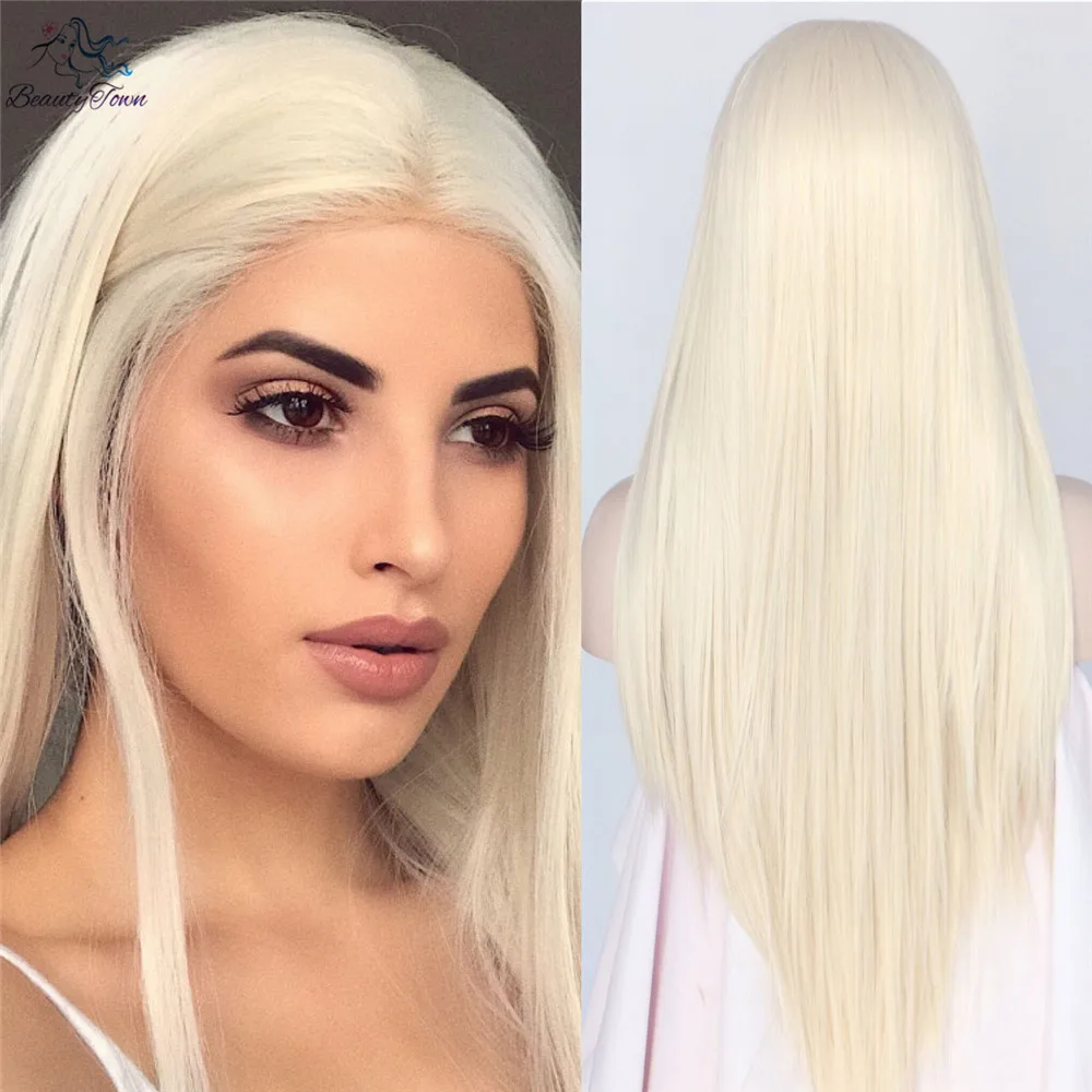 BeautyTown ручной светильник Блондин Цвет Длинные прямые бесклеевые термостойкие волосы для женщин Макияж Свадебные Синтетические Кружева передние парики