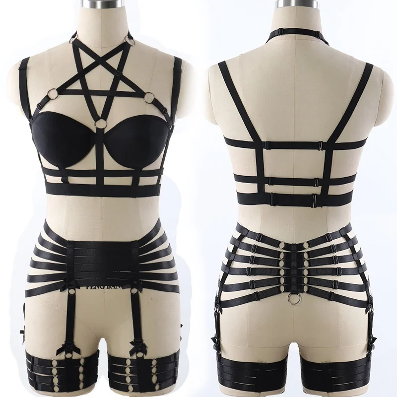 Black O0208 P0126 Комплект для тела с перьями, пояс для подвязки, черный сексуальный женский костюм, сексуальный бюстгальтер в клетку для женщин, эластичный Готический фестивальный Рейв, Одежда для танцев - Цвет: Black O0208 P0126