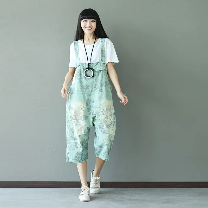 OSOL 2018 New Denim Jumpsuits Pocket Rompers Stripped Loose Women Fashion Casual Overalls Printed old style Japanese |