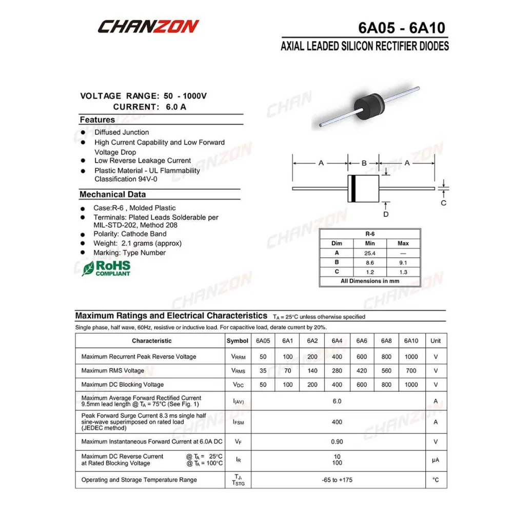 (20 шт.) 6A10 выпрямительный диод 6A 1000 V R 6 Axial Amp Вольт электронный кремний|diode 6a|rectifier