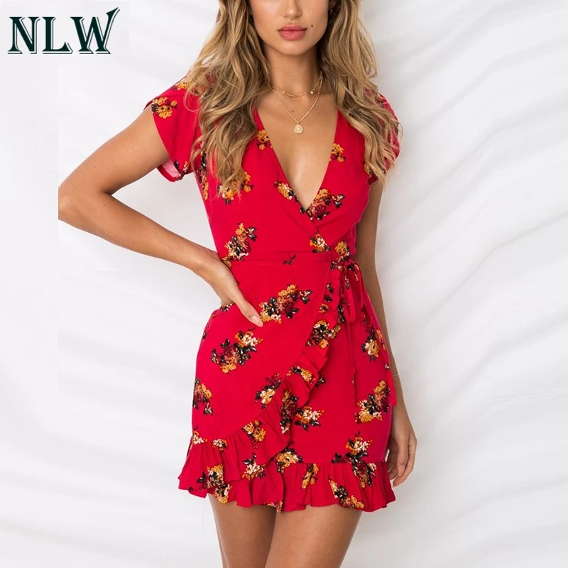NLW Boho цветочное красное мини накидка сексуальное платье с v образным вырезом и