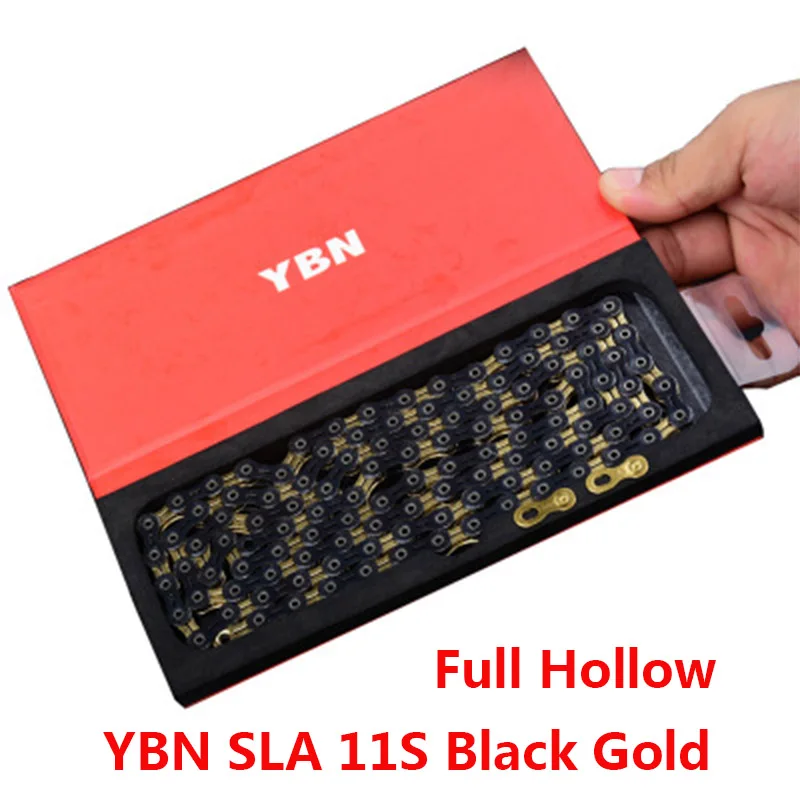 YBN SLA Сверхлегкая велосипедная цепь 246g 11S черная золотая Ti полая для соревнований
