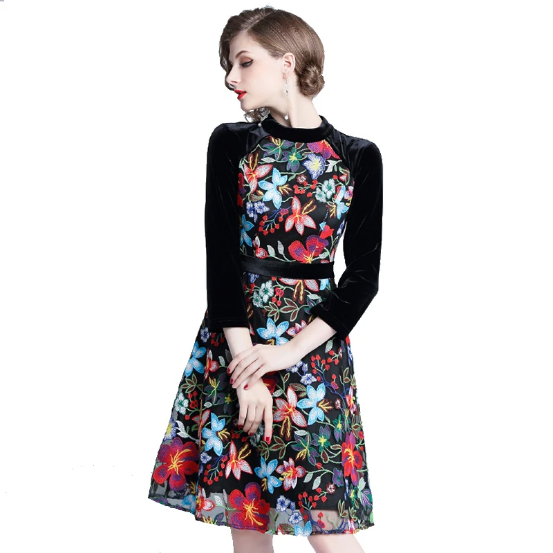 Trytree осеннее женское платье трапециевидной формы с цветочной вышивкой из бархата