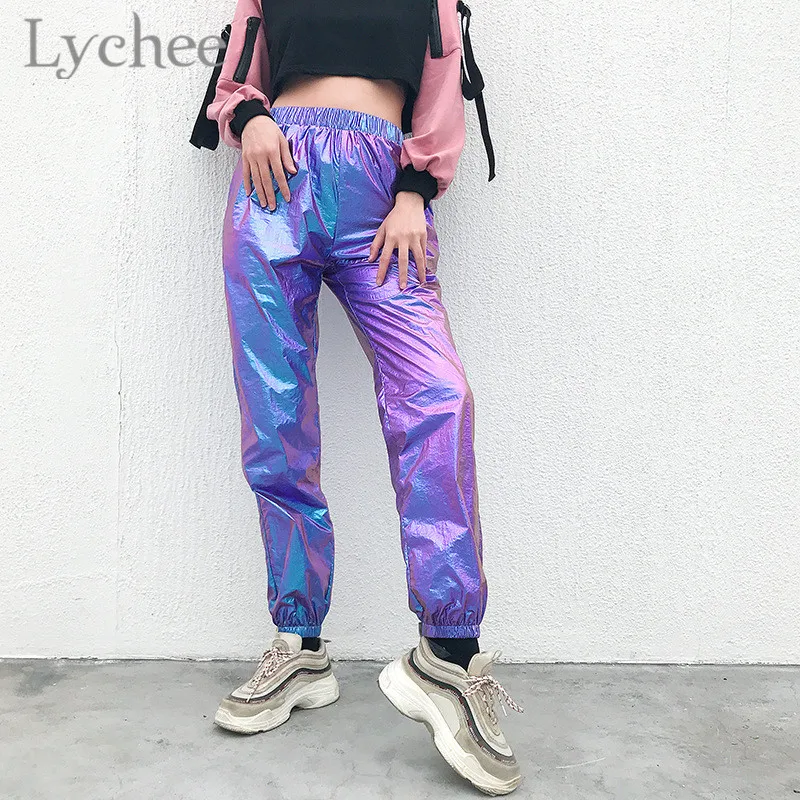 Lychee уличная блестящая Лазерная женские брюки с эластичной талией спортивные женские спортивные штаны для бега
