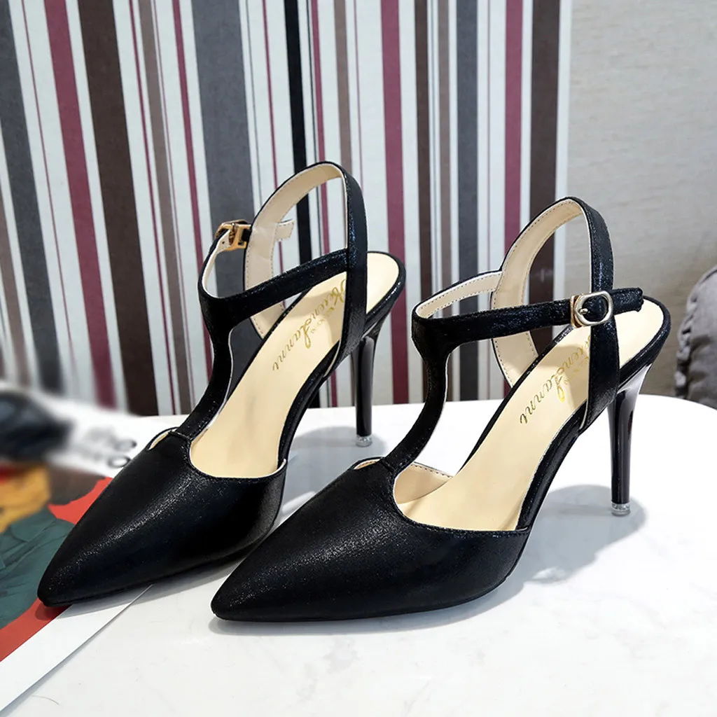 Женские вечерние босоножки SAGACE черные на высоком каблуке-шпильке с острым носком