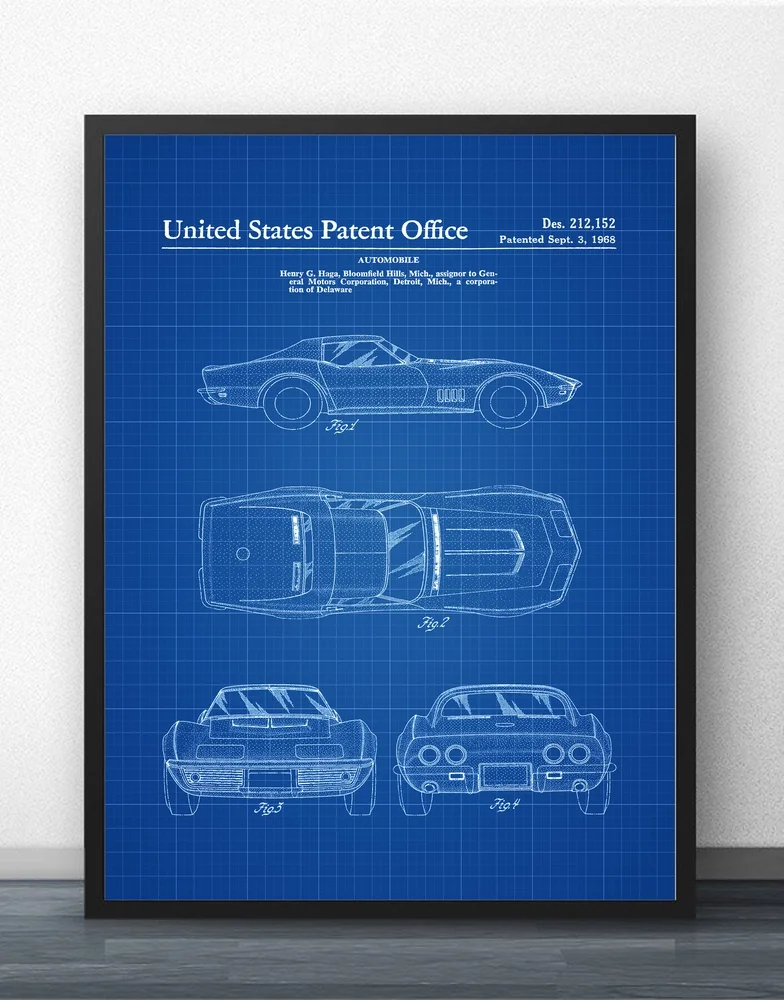 1968 Corvette запатентованная схема Настенная картина Настенный декор холст