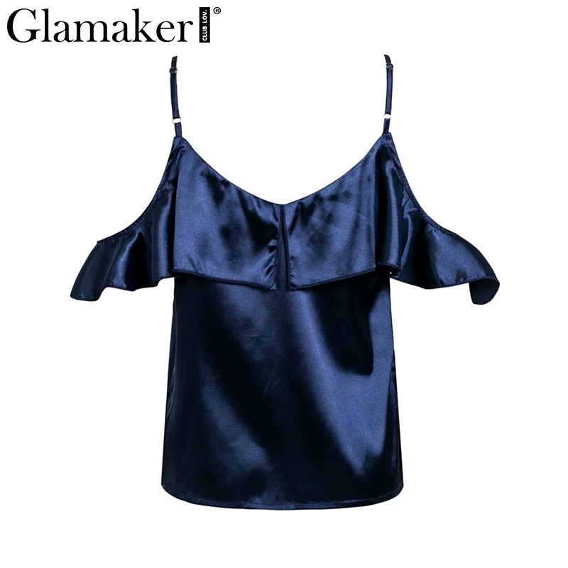 Glamaker, Атласные оборки, элегантный короткий укороченный Топ для женщин, с открытыми плечами, сексуальный летний топ на бретелях для женщин, весенние вечерние топы на бретельках с открытой спиной, Новинка - Цвет: navy blue