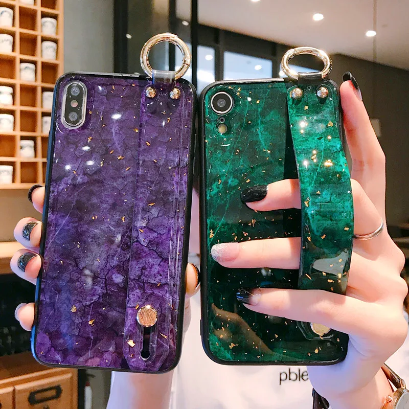 Fashion Marble Gold Foil Wrist Strap Phone Case For iphone XS MAX Holder Cases X XR 6 6s 7 8 Plus Cover |