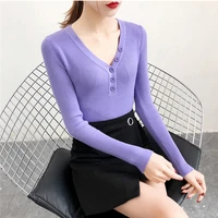 harajuku ladies top button v neck pullovers solid knitted women sweaters 2018 winter long sleeve slim sweater femme clothes