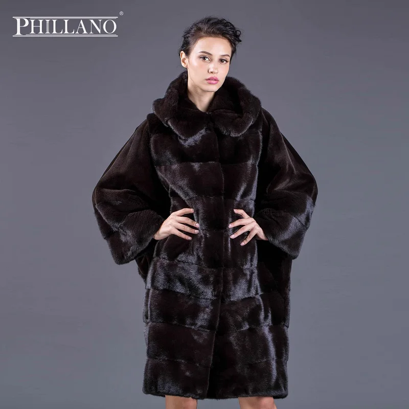 PHILLANO Стильная Летучая Мышь Фасон, Женское Зимнее Полупольто С Капюшоном, Новое Поступление Женская Куртка Меховая из Норки, Шубы Из Меха Норки Скандинавия Дания Цвет Черный, Шоколадый, Palomino YG12091-100 - Цвет: chocolate