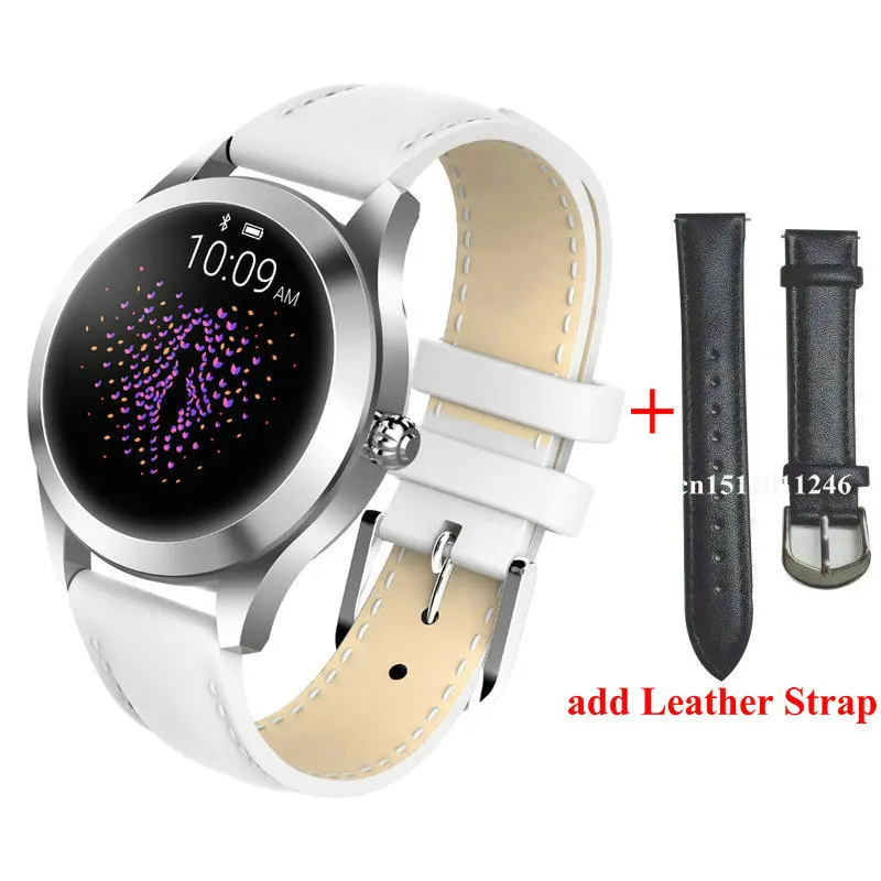 add leather strap KW10 Смарт-часы для женщин IP68 Водонепроницаемый мониторинг сердечного ритма Bluetooth для Android IOS фитнес-браслет умные часы - Цвет: add leather strap