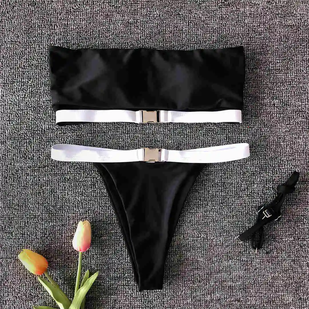 Сексуальное бикини-бандо, женская одежда для плавания, женский купальный костюм, комплект бикини из двух частей, Мягкий купальный костюм V1462 - Цвет: Черный
