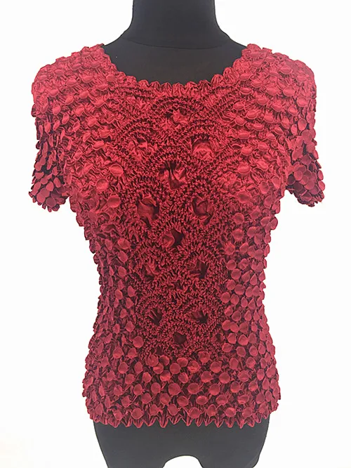 Dark Red Для женщин эластичные попкорна Топы с коротким рукавом рубашка монета рубашки - Цвет: Dark Red