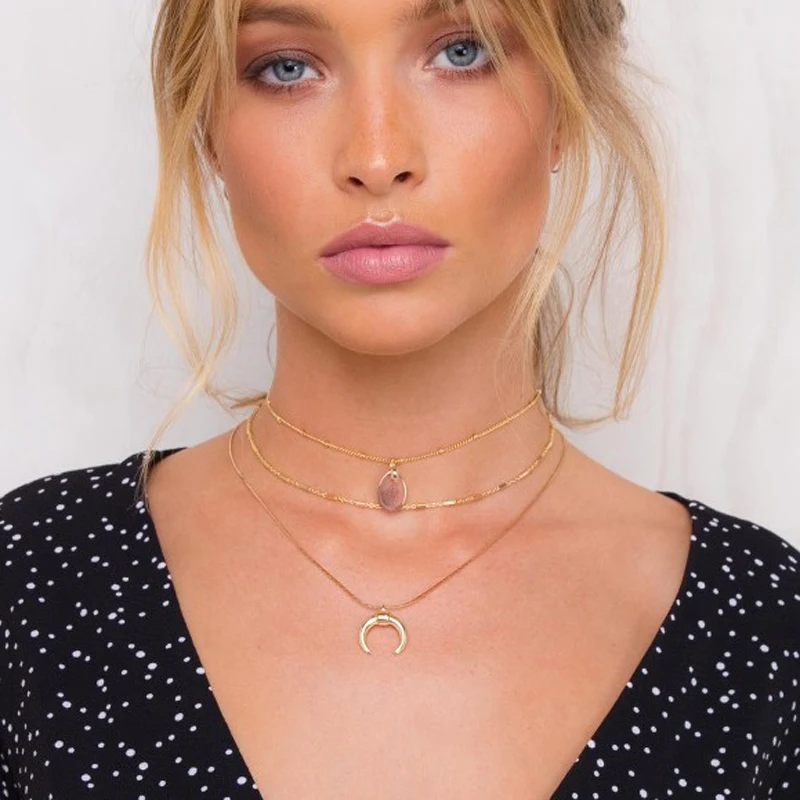 Цвета розового золота 3 шт./компл. многослойное колье Цепочки и ожерелья рог кулон