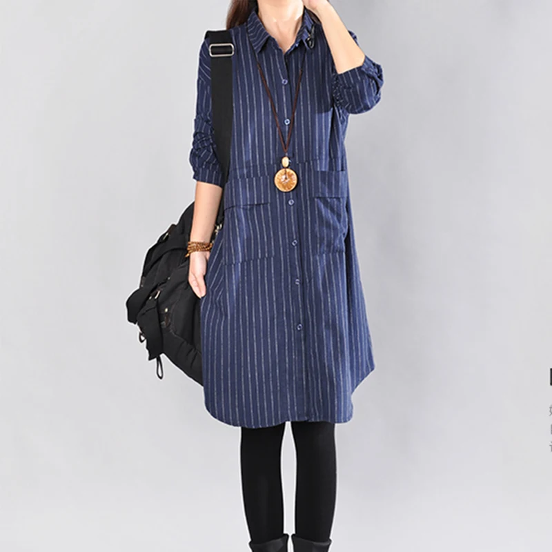 Женское платье в полоску с длинным рукавом и карманами | Женская одежда