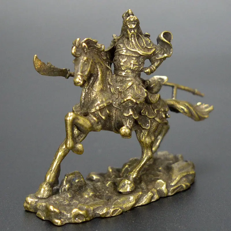 Коллекционный китайский чистый латунный резной Guan Yu ride Horse изысканный маленький