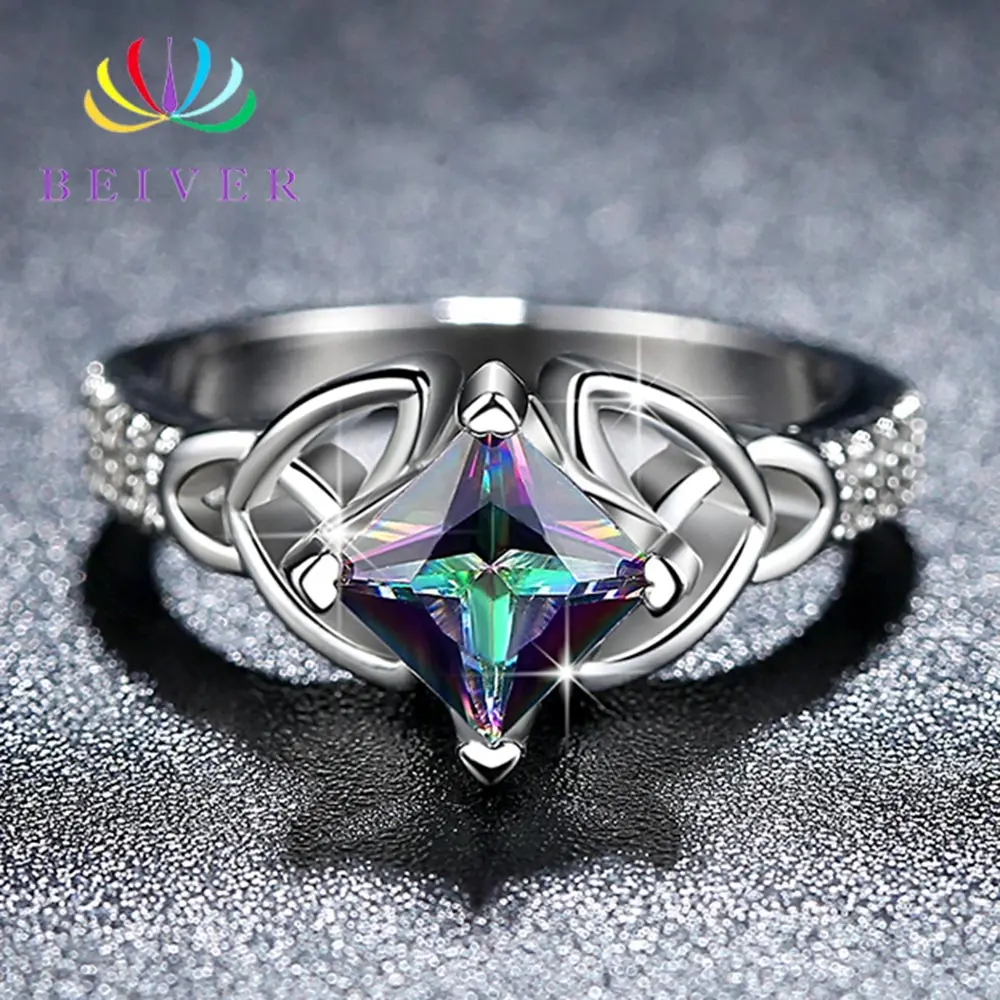 

Beiver New Arrival White Gold Color Rainbow Square Zircon Promise Wedding Bands Rings for Women Party Jewelry Ladies Gifts