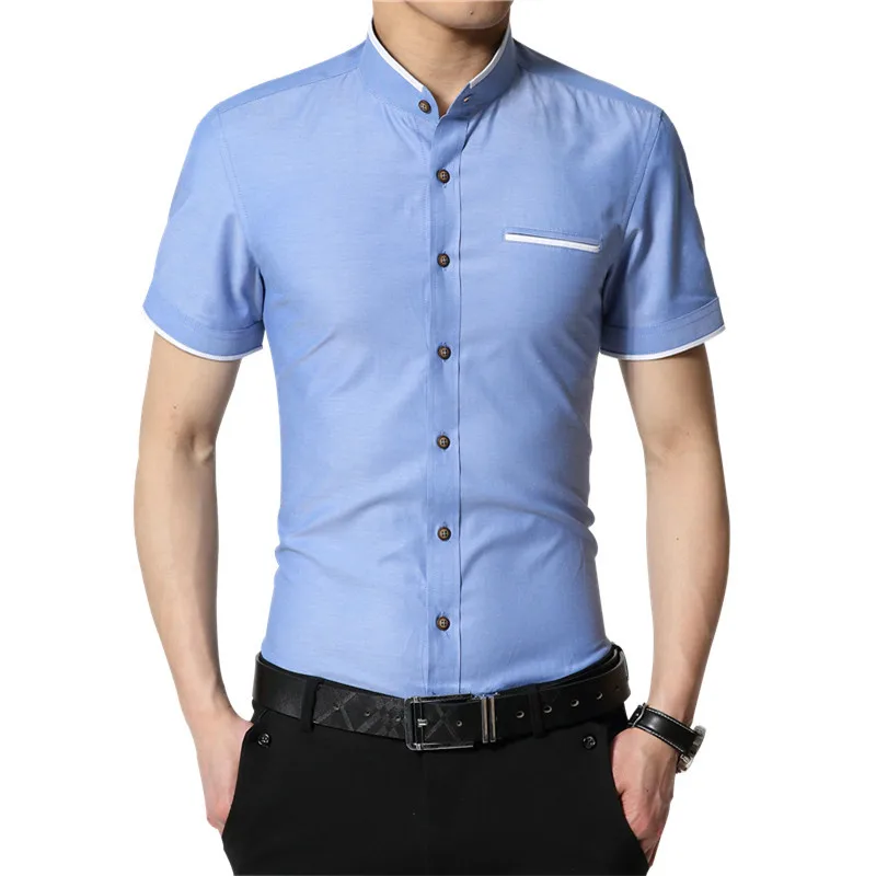 TFETTERS Новая модная летняя белая рубашка мужская с коротким рукавом Slim Fit стоячий